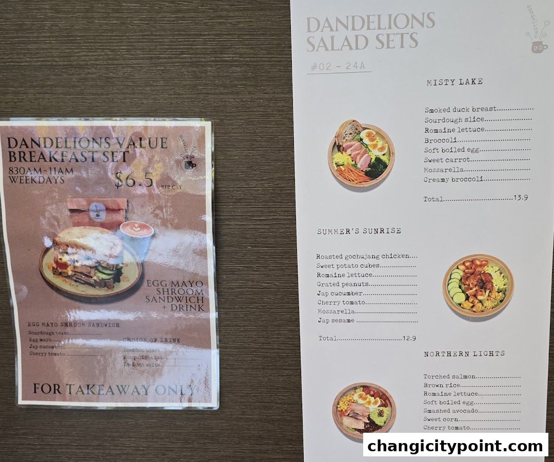 A menu for Dandelions featuring breakfast sets and salad sets with prices.