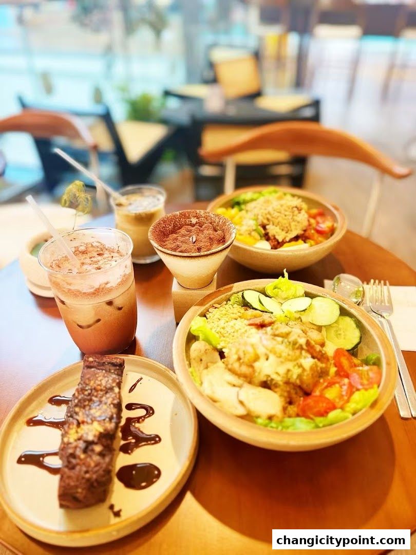 A table setting with two salads, a chocolate dessert, and two iced drinks.