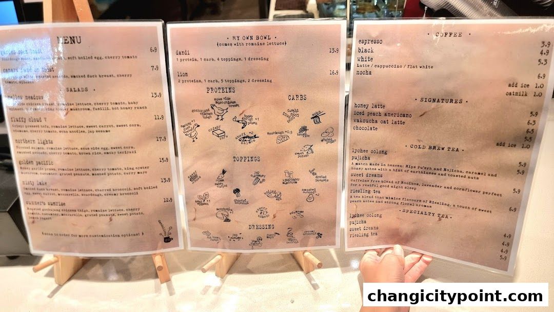 A menu with three pages displaying food and drink options, including salads, bowls, coffee, and tea.