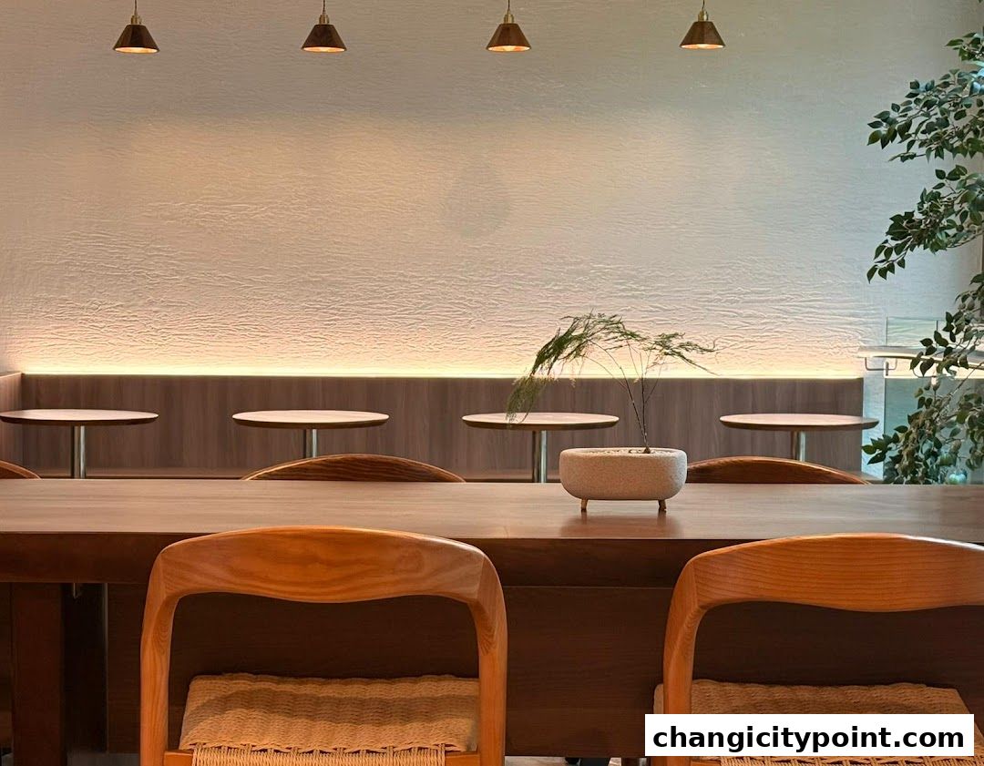 Interior of a cafe with wooden tables, chairs, and decorative plants.