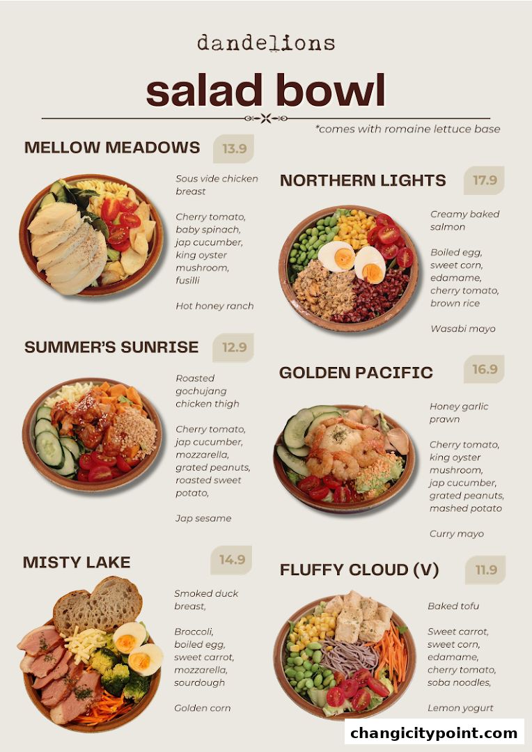 A menu showcasing various salad bowls with ingredients and prices from Dandelions.