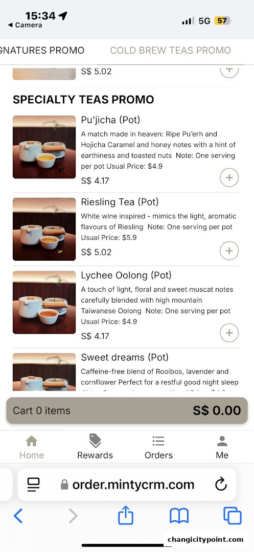 A screenshot of a mobile app displaying specialty teas with prices and descriptions.