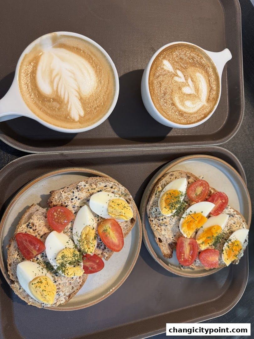 Two coffees with latte art and two open-faced sandwiches with eggs and tomatoes.