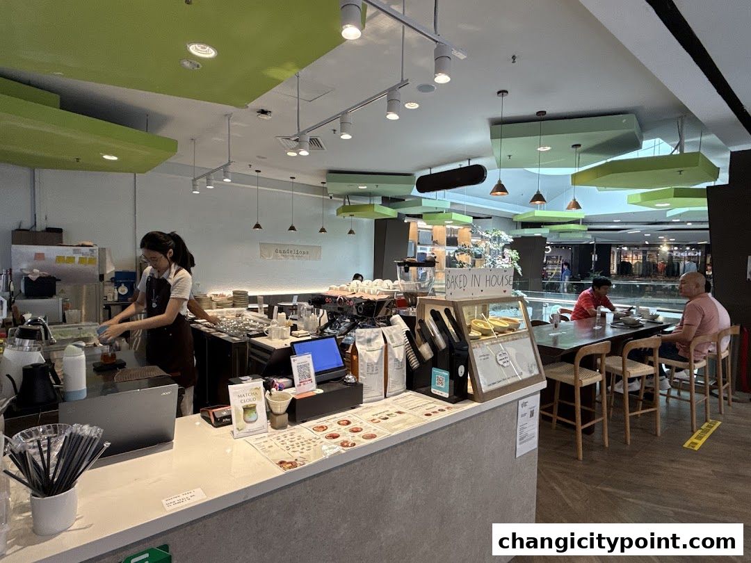 Interior view of Dandelions cafe with staff preparing drinks and customers dining.