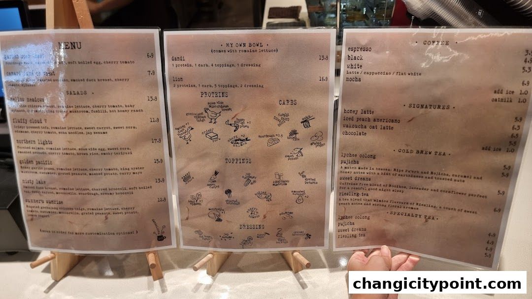 A menu with three transparent sheets displaying food and drink options, with hand-drawn illustrations.