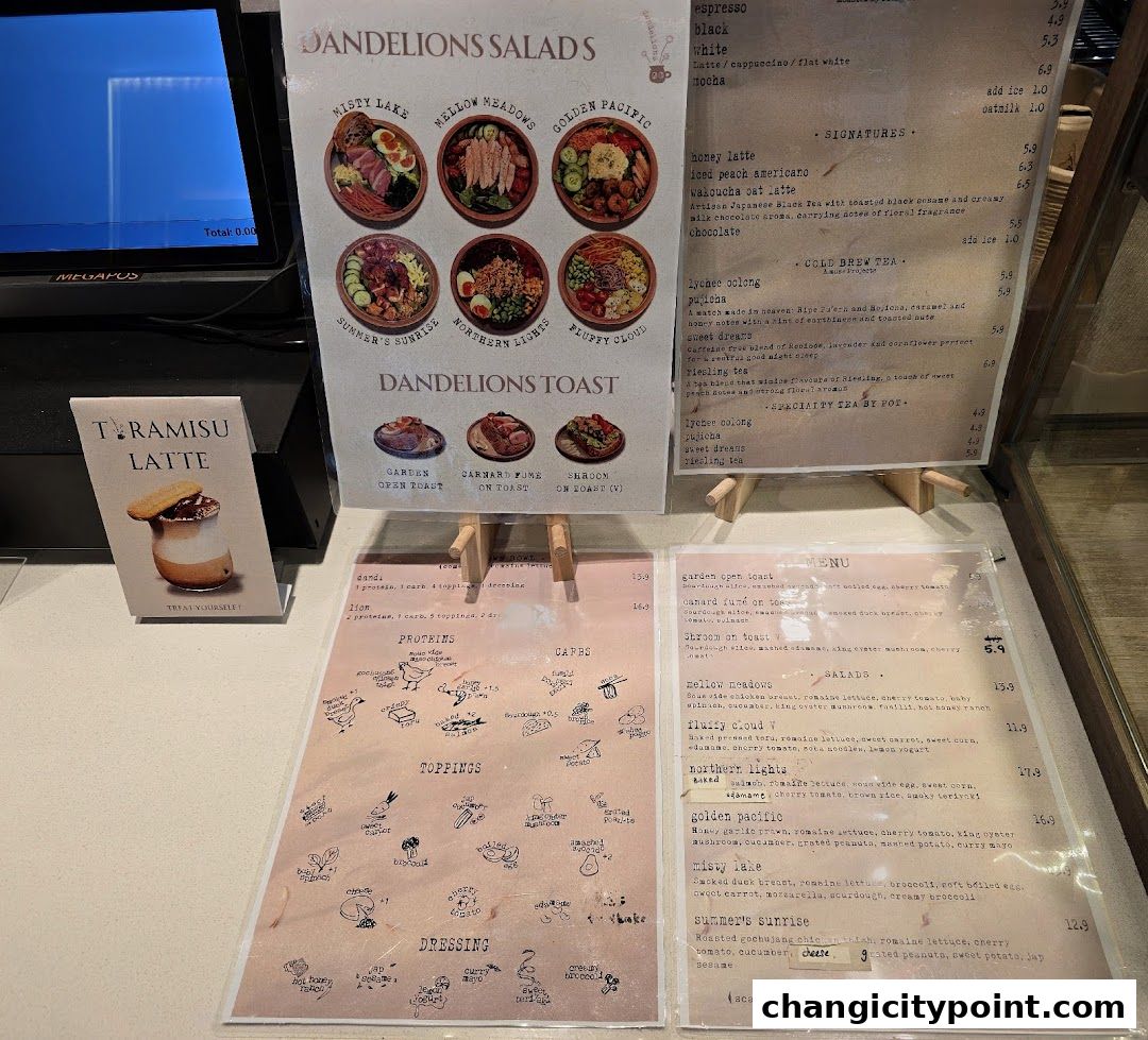 A menu display for Dandelions featuring salads, toasts, and drinks with illustrative drawings.
