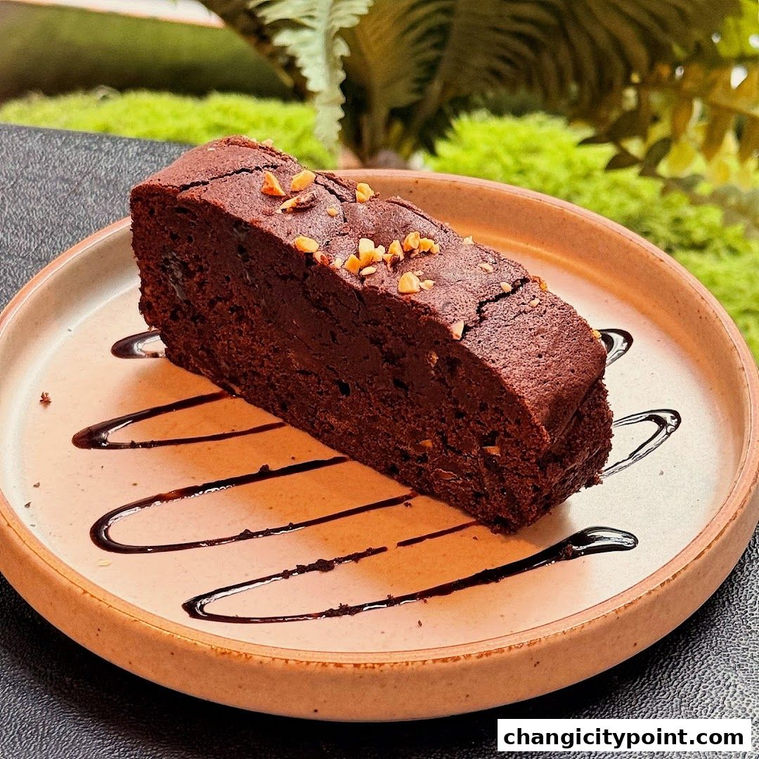 A decadent slice of chocolate cake with nuts and chocolate drizzle on a plate.