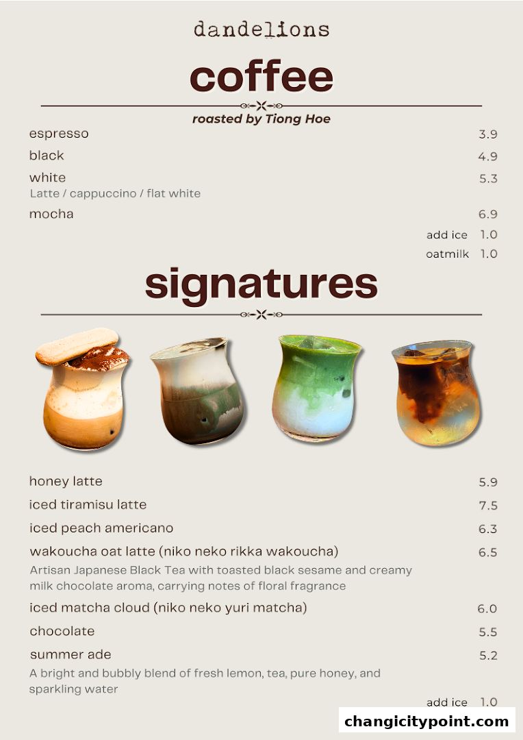A menu for Dandelions coffee shop featuring signature drinks and classic coffee options.