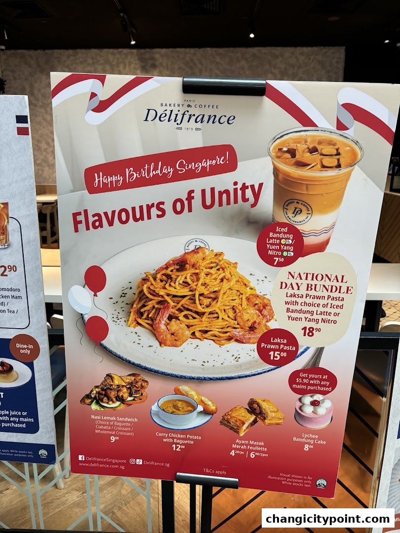 Delifrance Singapore National Day promotion featuring Laksa Prawn Pasta and other treats.