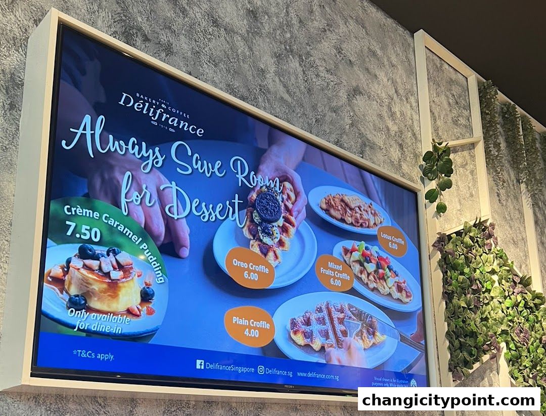 A digital menu board displaying various desserts and their prices at Delifrance.