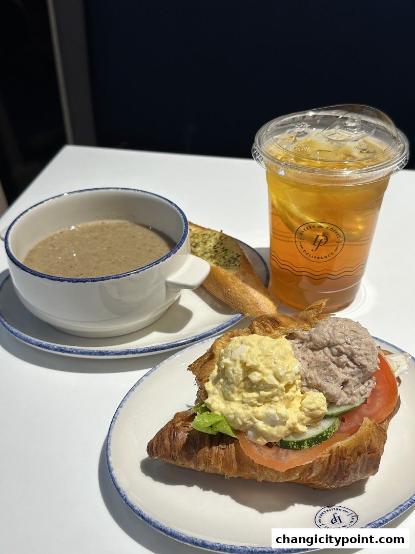 A croissant sandwich with soup and iced tea from Delifrance.