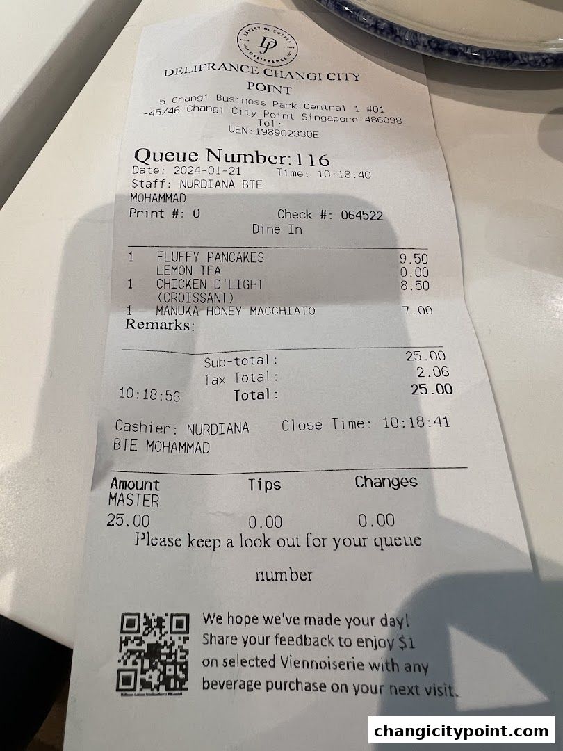 A receipt from Delifrance Changi City Point showing purchased items and total cost.