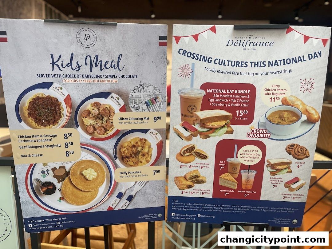 Delifrance menu boards showcasing kids' meals and National Day specials.