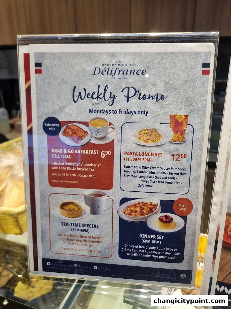 A menu board from Délifrance showcasing weekly promotions for breakfast, lunch, tea, and dinner.