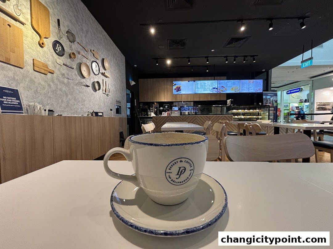 A cup of coffee sits on a table in a bakery cafe with a display of baked goods.