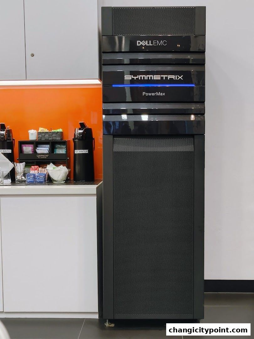 Dell EMC Symmertix PowerMax server unit next to a coffee station.