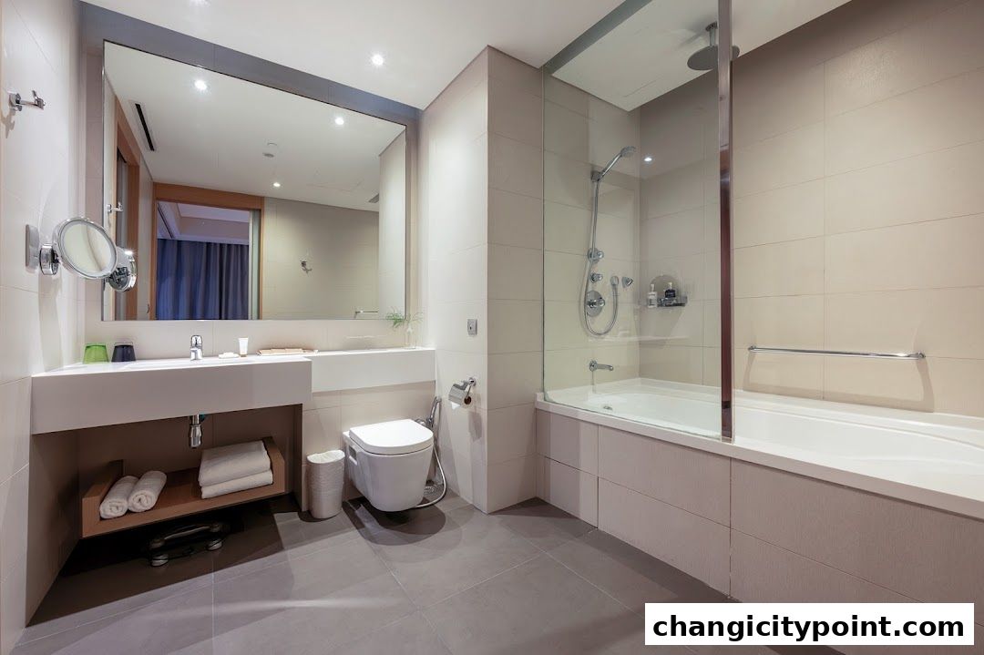 A modern hotel bathroom with a large mirror, vanity, toilet, and a separate bathtub and shower.