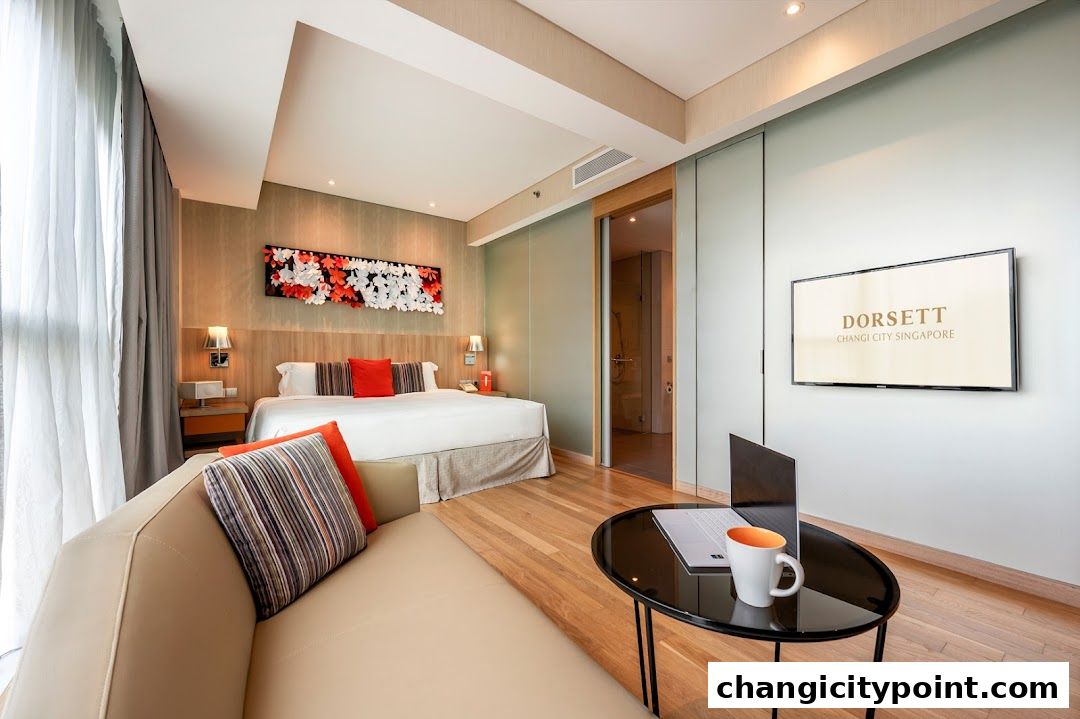 A modern hotel room with a large bed, sofa, and a TV displaying the hotel's logo.