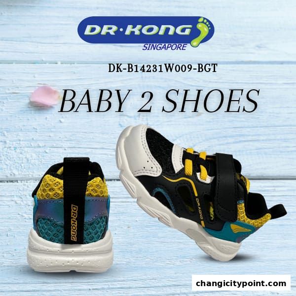 Stylish baby shoes from Dr. Kong Singapore, featuring a black, yellow, and teal design.