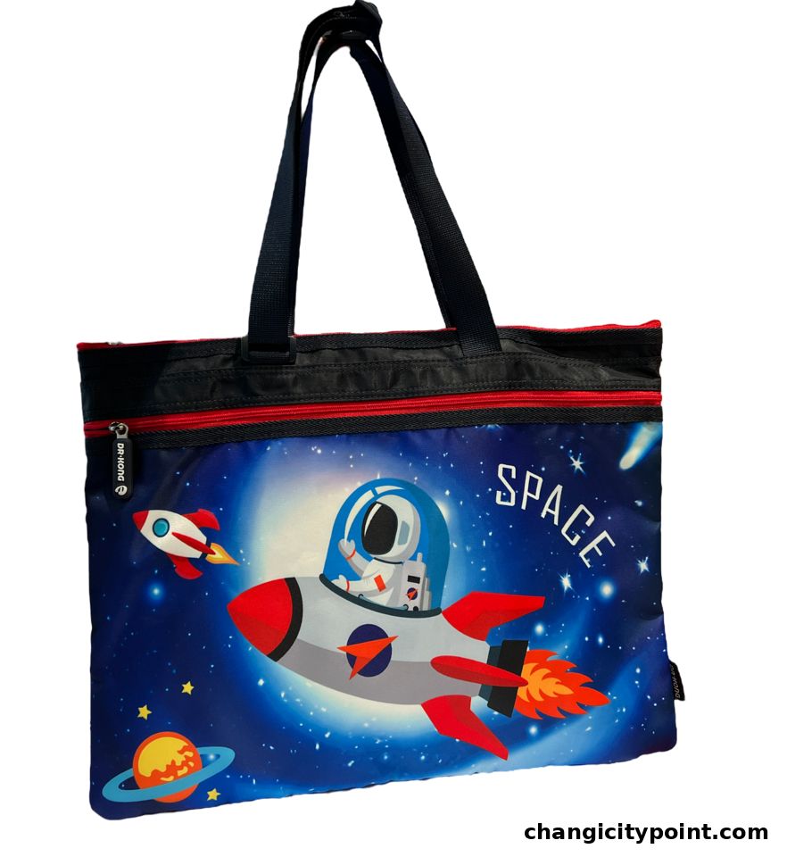 A tote bag with a vibrant space-themed design featuring an astronaut in a rocket.