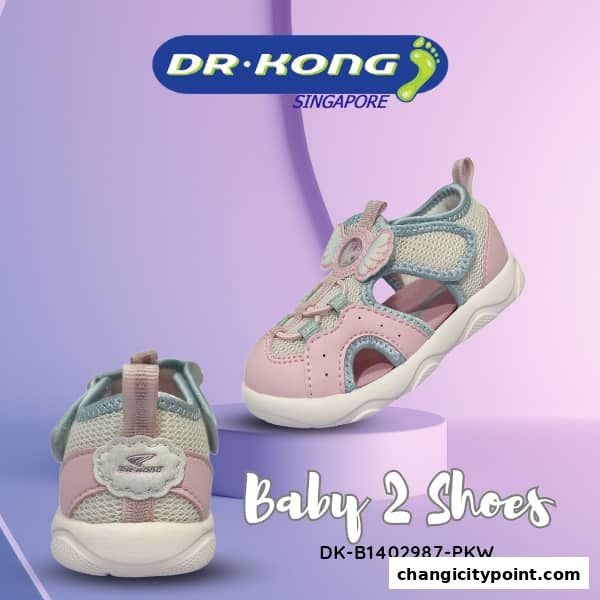 A pair of pink and blue baby sandals with the Dr. Kong logo.
