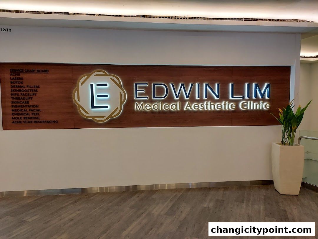 The entrance sign for Edwin Lim Medical Aesthetic Clinic, listing various treatments.