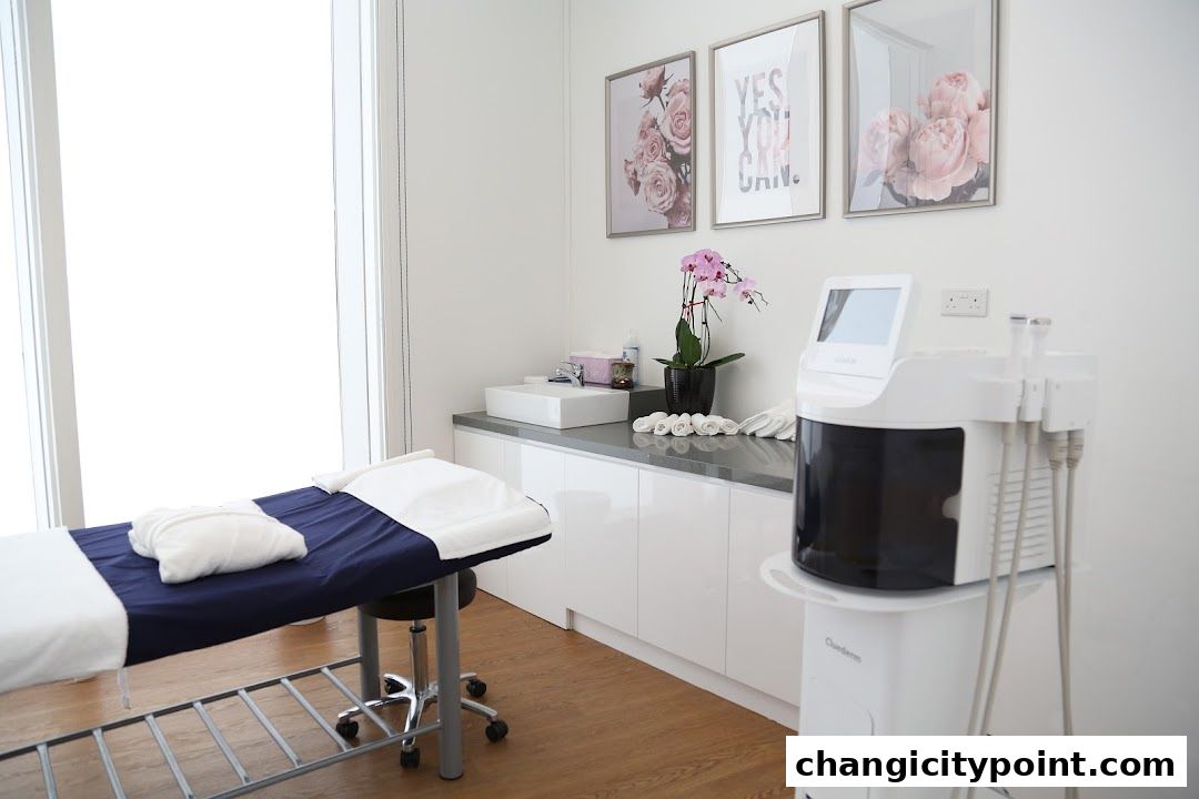 A clean and modern aesthetic treatment room with a massage bed and advanced equipment.