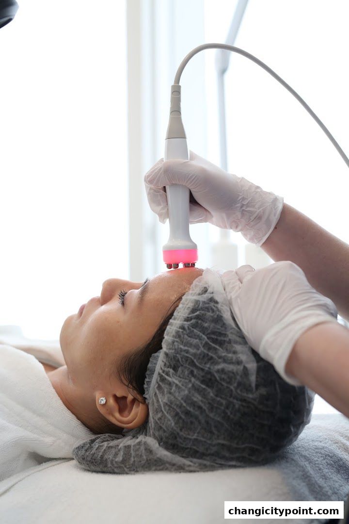 Aesthetic treatment being performed on a client's forehead with a device.