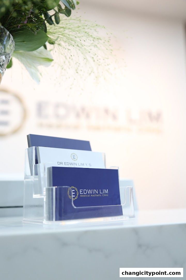 Business cards for Edwin Lim Medical Aesthetic Clinic displayed in a clear holder.