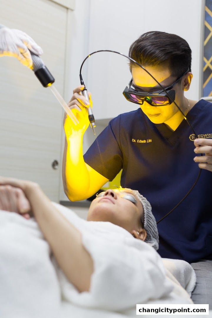 A doctor performs a laser treatment on a patient's face in a clinic.