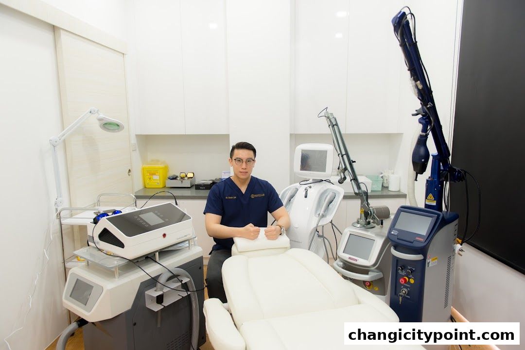 A doctor sits in a medical aesthetic clinic surrounded by advanced treatment machines.