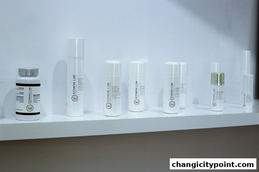 A shelf displaying various skincare products from Edwin Lim Medical Aesthetic Clinic.