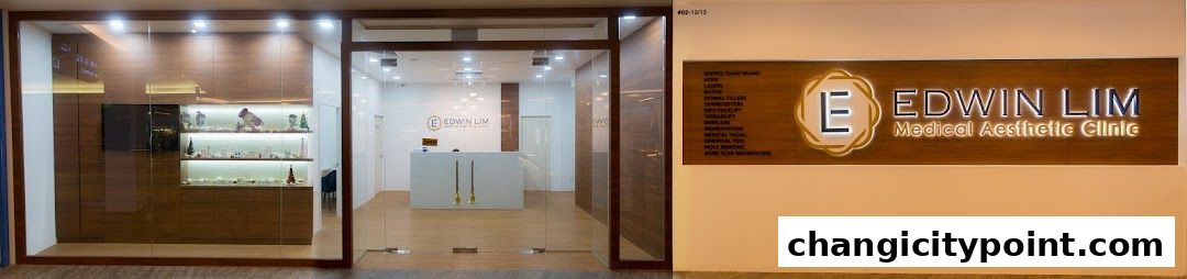 Exterior view of Edwin Lim Medical Aesthetic Clinic with a reception area and display shelves.