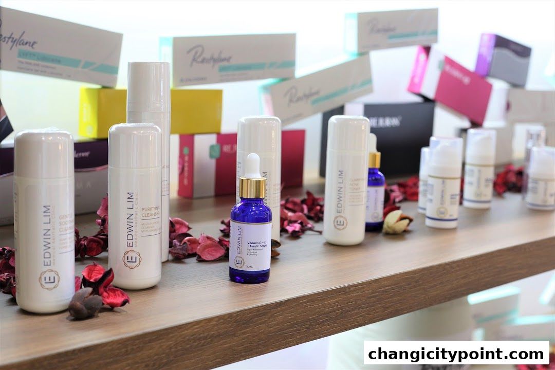 A display of various skincare products from Edwin Lim Medical Aesthetic Clinic.