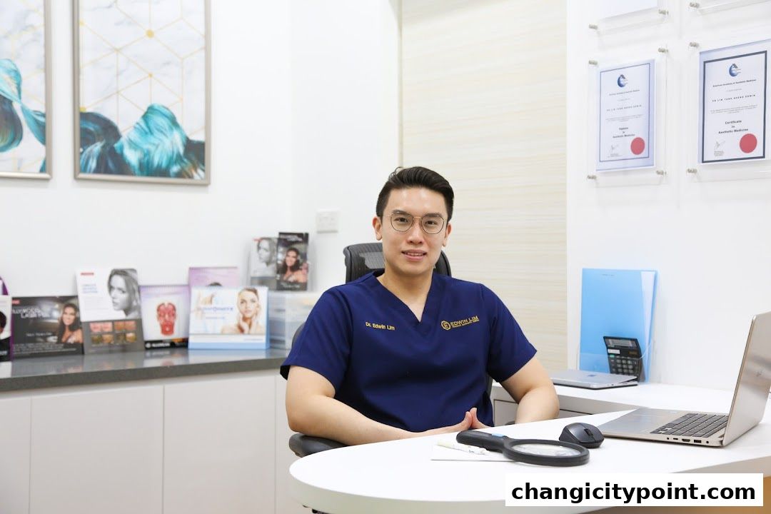 A doctor in scrubs sits at a desk in a medical aesthetic clinic.