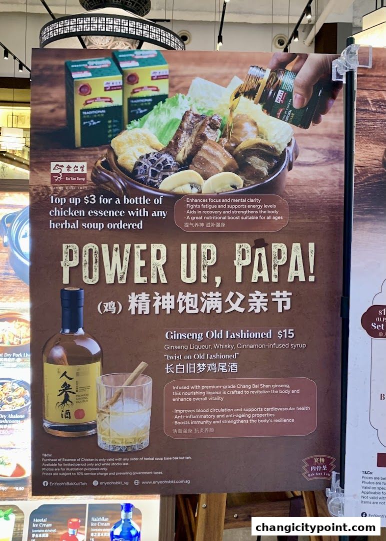 A promotional poster for 'Power Up, Papa!' featuring a Ginseng Old Fashioned cocktail and herbal soup.