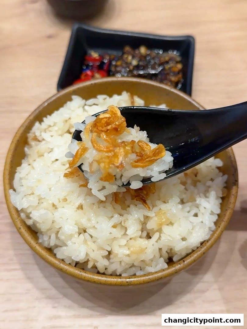 A spoonful of rice with crispy fried shallots being scooped from a bowl.