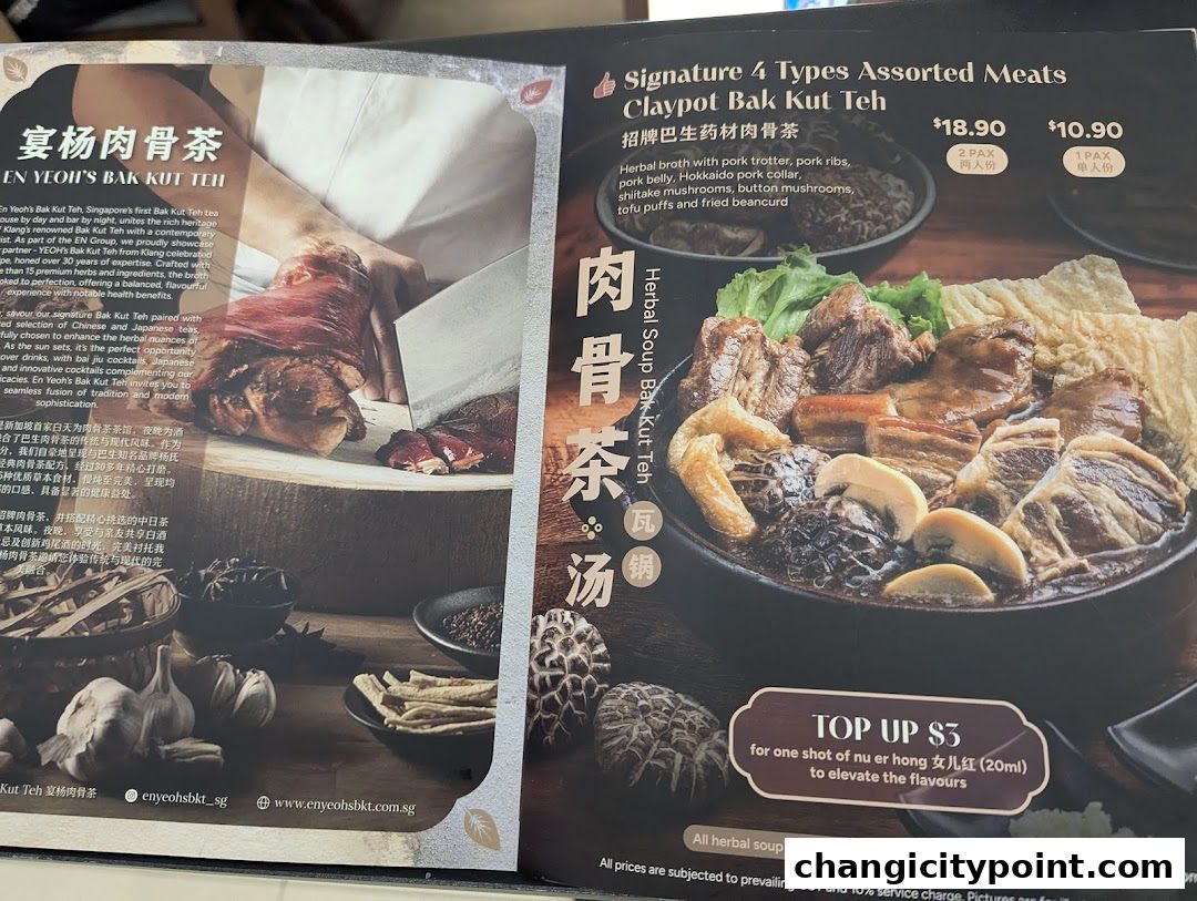 A menu page showcasing Bak Kut Teh dishes with descriptions and prices.