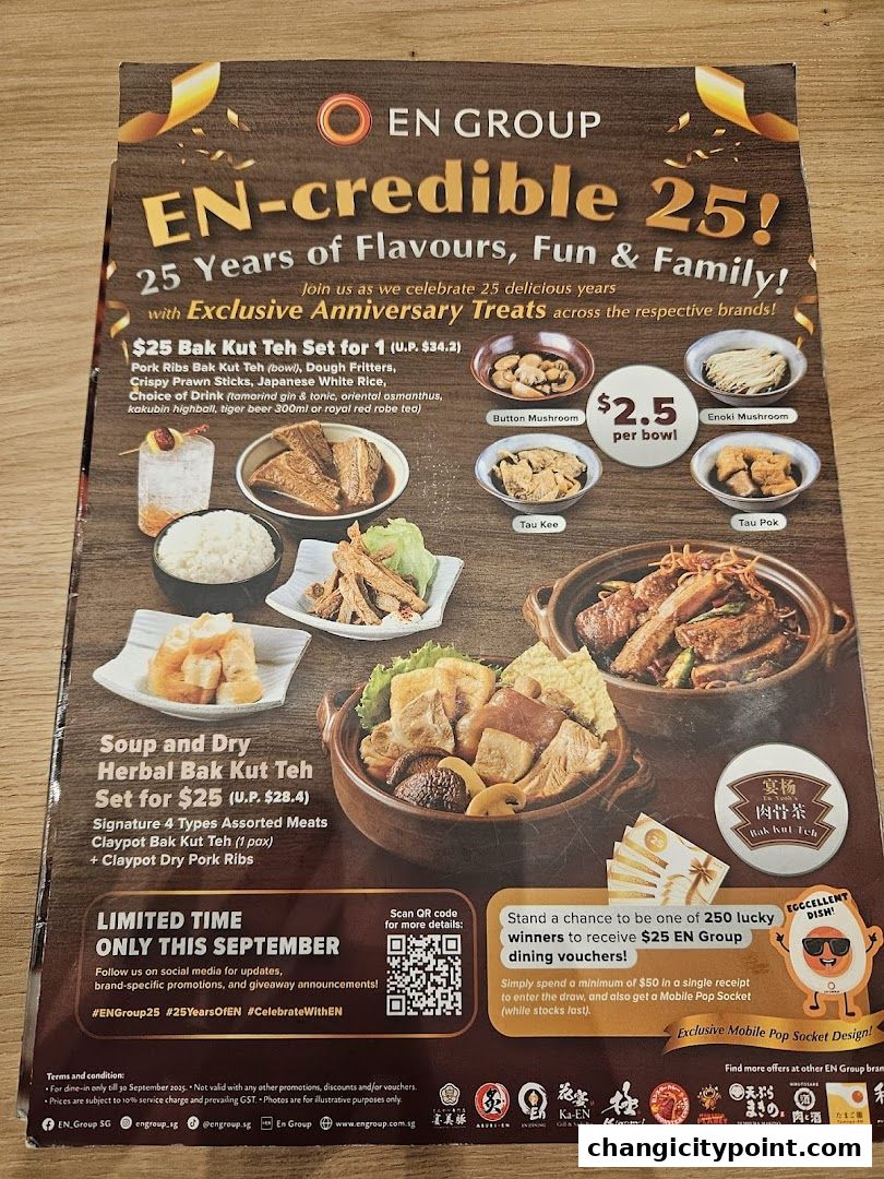 A promotional flyer for En Yeohs Bak Kut Teh celebrating 25 years with special offers.