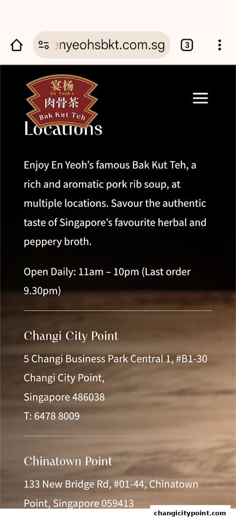 Website page showing locations and operating hours for En Yeoh's Bak Kut Teh.
