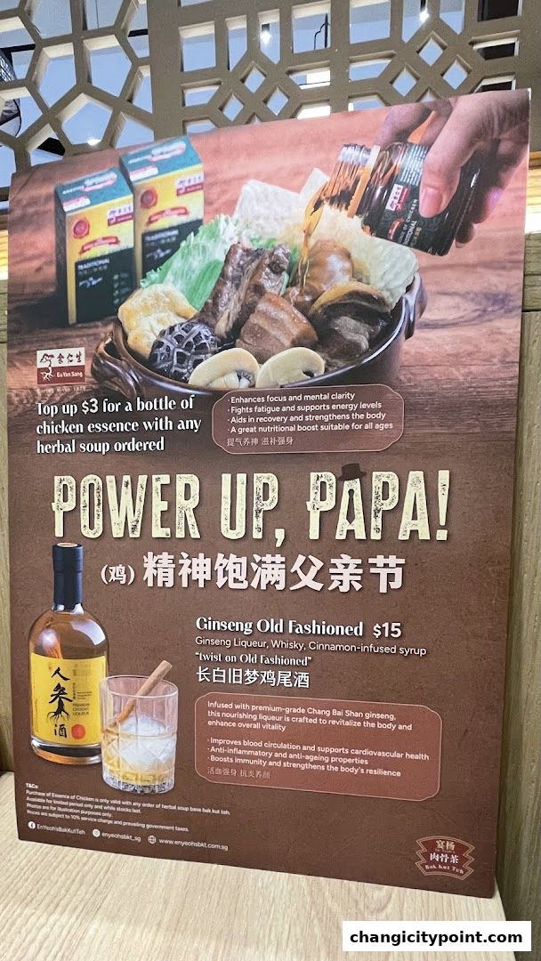 A promotional poster for En Yeohs Bak Kut Teh featuring a special offer and a Ginseng Old Fashioned cocktail.
