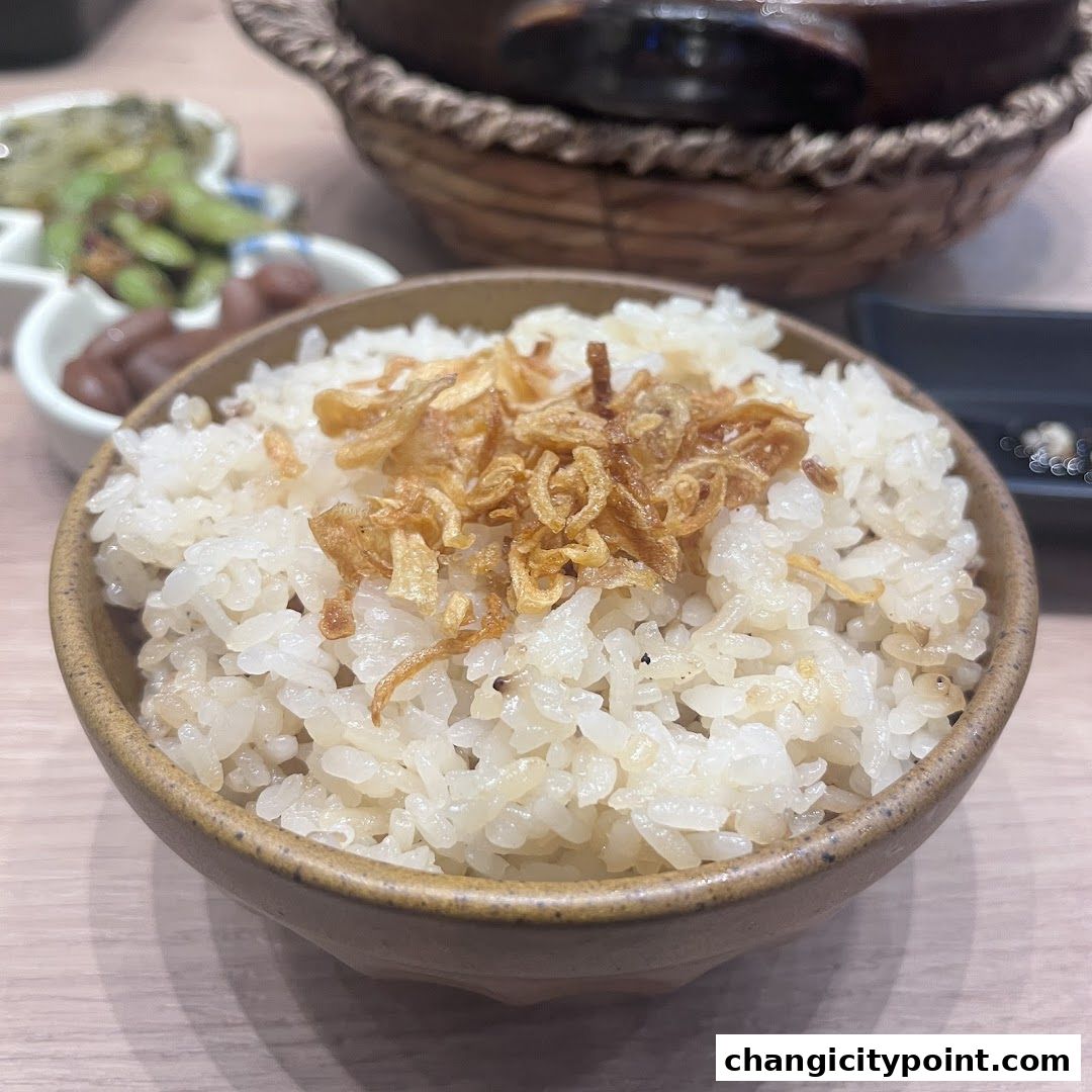 A close-up of a bowl of white rice topped with crispy fried shallots.