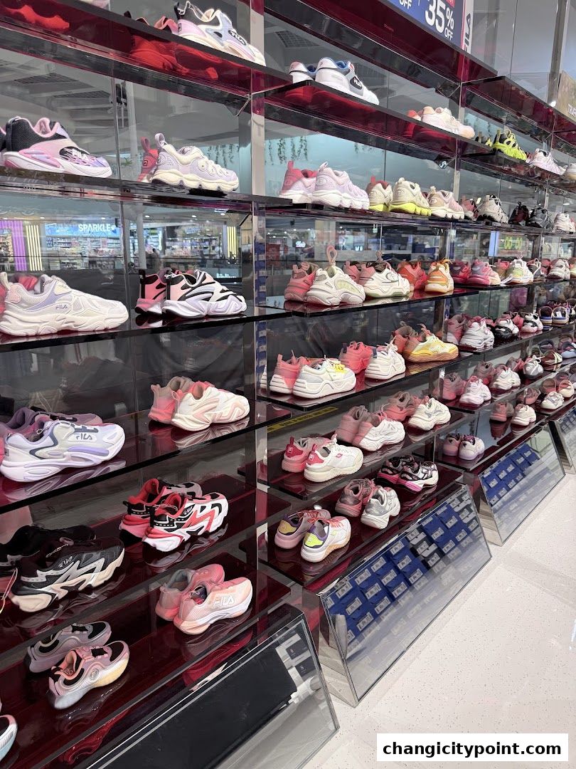 A wide selection of Fila sneakers displayed on shelves in a retail store.