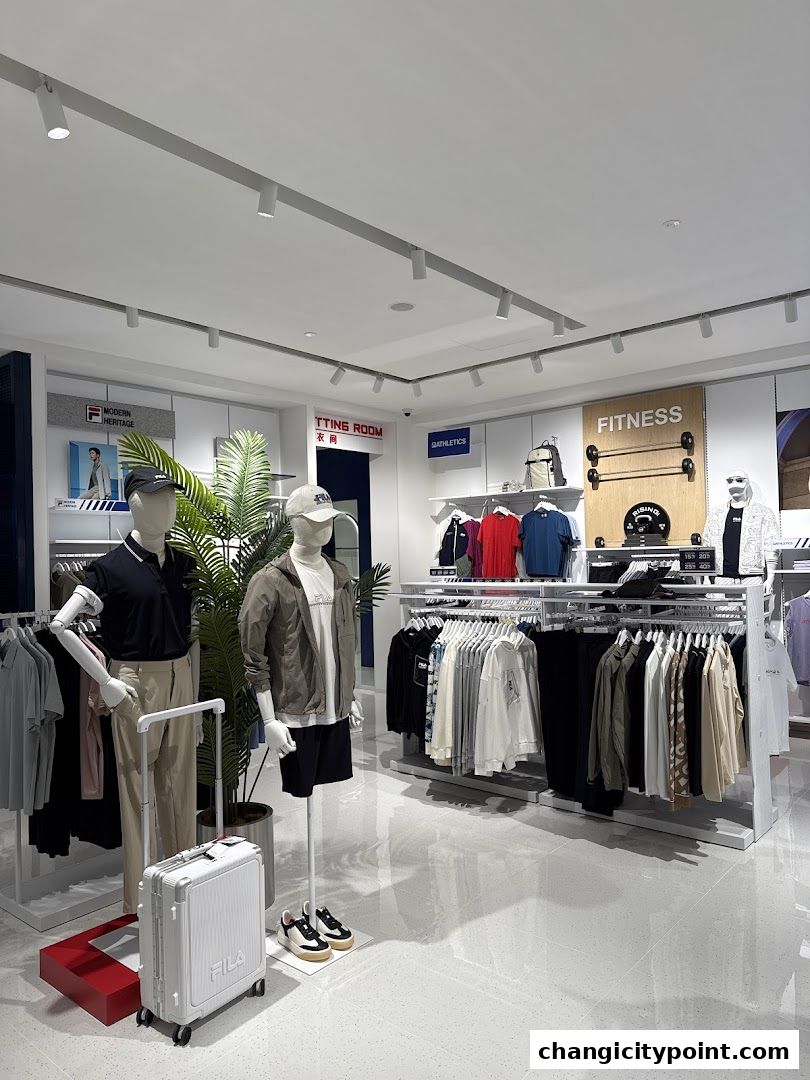 Mannequins display FILA apparel and accessories inside a well-lit store.