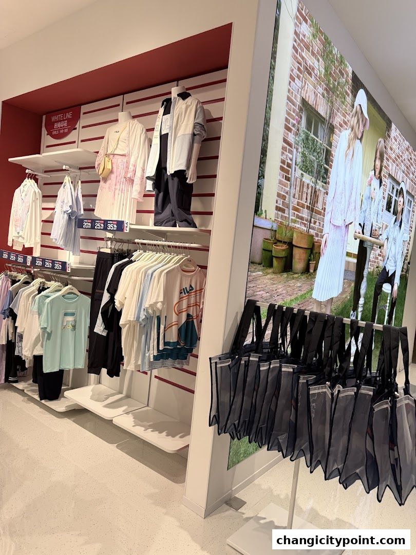 FILA Outlet store interior showcasing apparel on mannequins and racks, with promotional displays.
