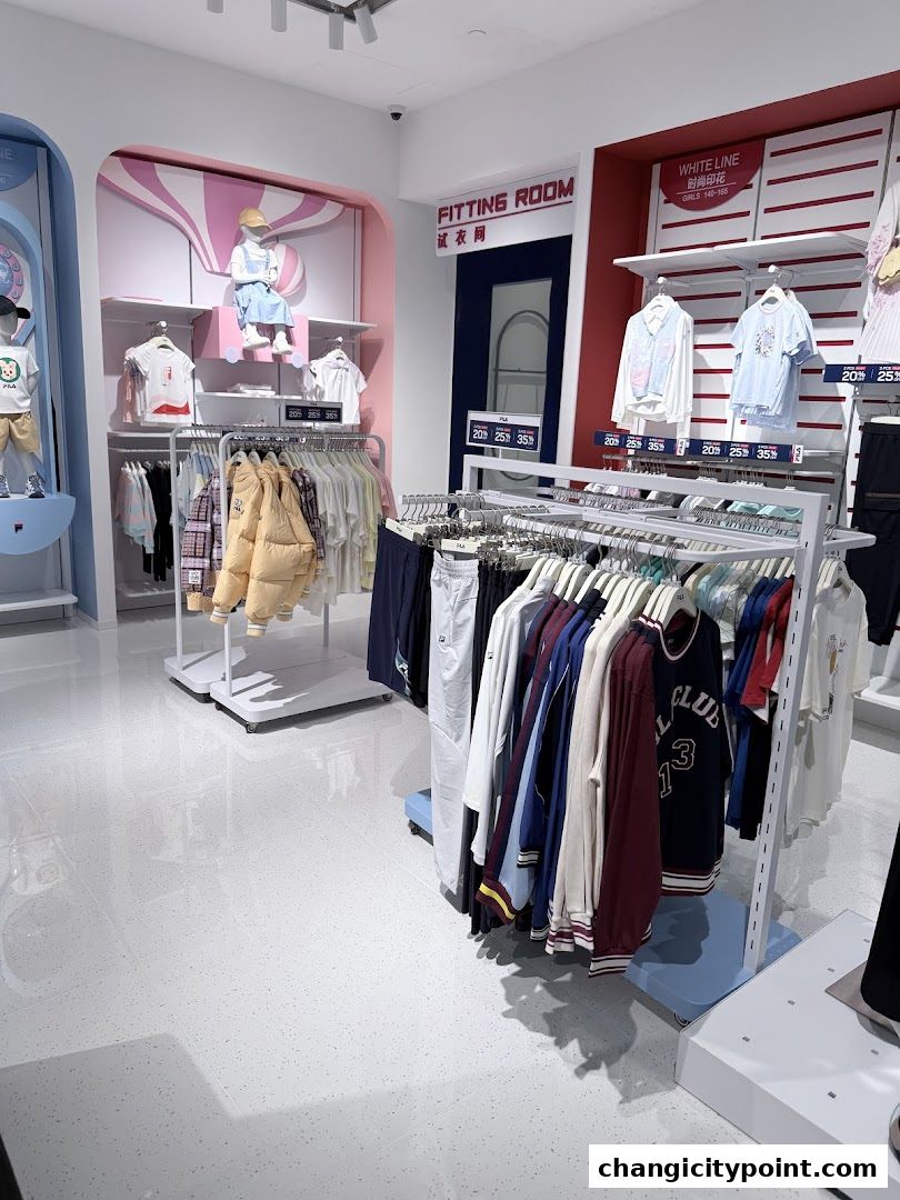 Interior view of a FILA Outlet store showcasing clothing racks and a fitting room.