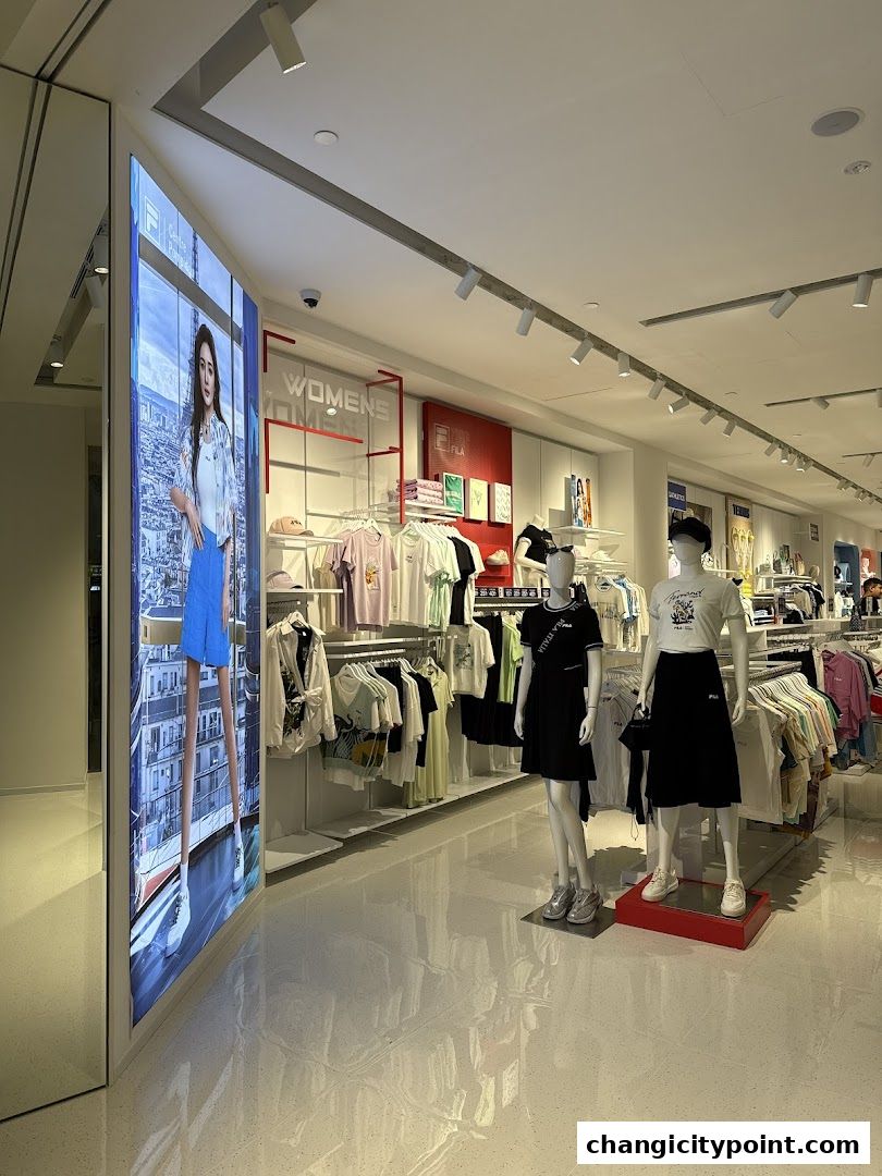 Interior view of a Fila store showcasing women's apparel and mannequins.