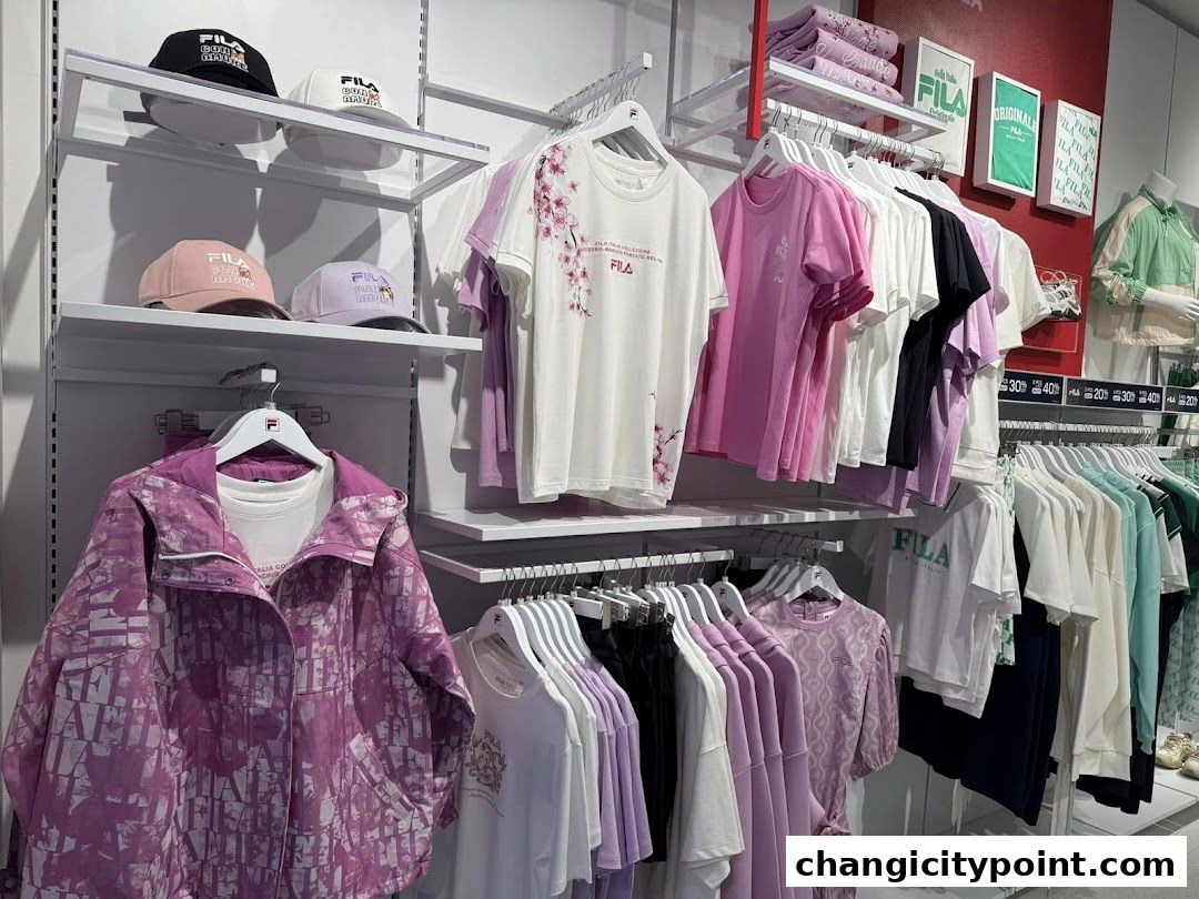 A display of FILA apparel including t-shirts, jackets, and caps in various colors.