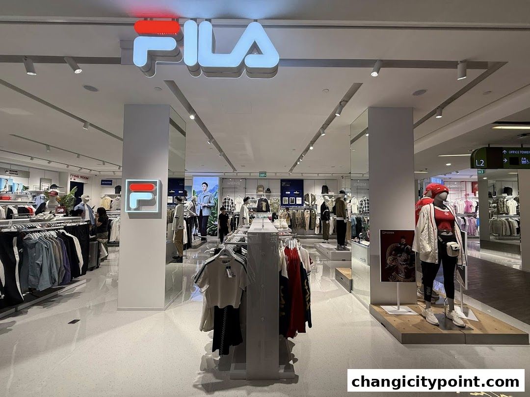 Interior view of a FILA Outlet store showcasing apparel on racks and mannequins.