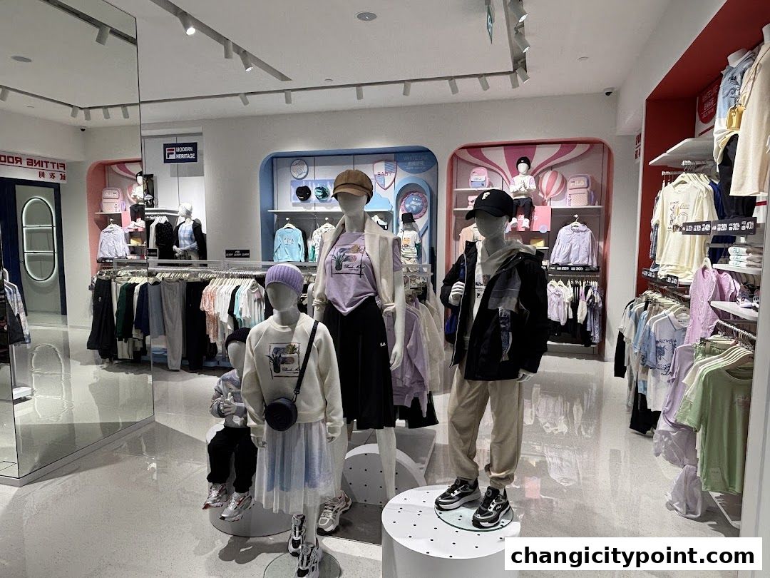 Interior view of a FILA Outlet store with mannequins displaying apparel and clothing racks.